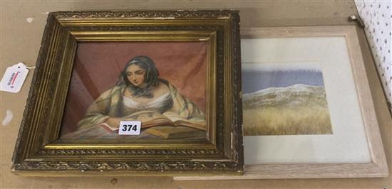 Victorian watercolour of a seated lady with sketchbook & a landscape by Julie Parkinson